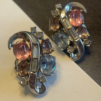 1950s Crown Trifari Alfred Philippe Pink & Blue Rhinestone ClipOn Earrings L28