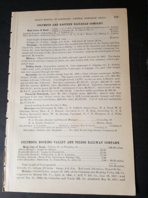 1888 Zugbericht COLUMBUS EAST RAILROAD Cannelville Redfield Fultonham Ohio