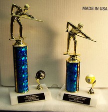 POOL TROPHIES 1st 2nd PLACE 8 or 9 BALL TRIM MALE or FEMALE FREE ENGRAVING