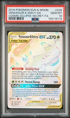 Pokemon PSA 10 Cosmic Eclipse Venusaur & Snivy GX Rainbow #249