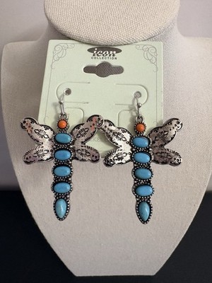 Beautiful Icon Collection Dragonfly Earrings Turquoise Stone Silver Tone