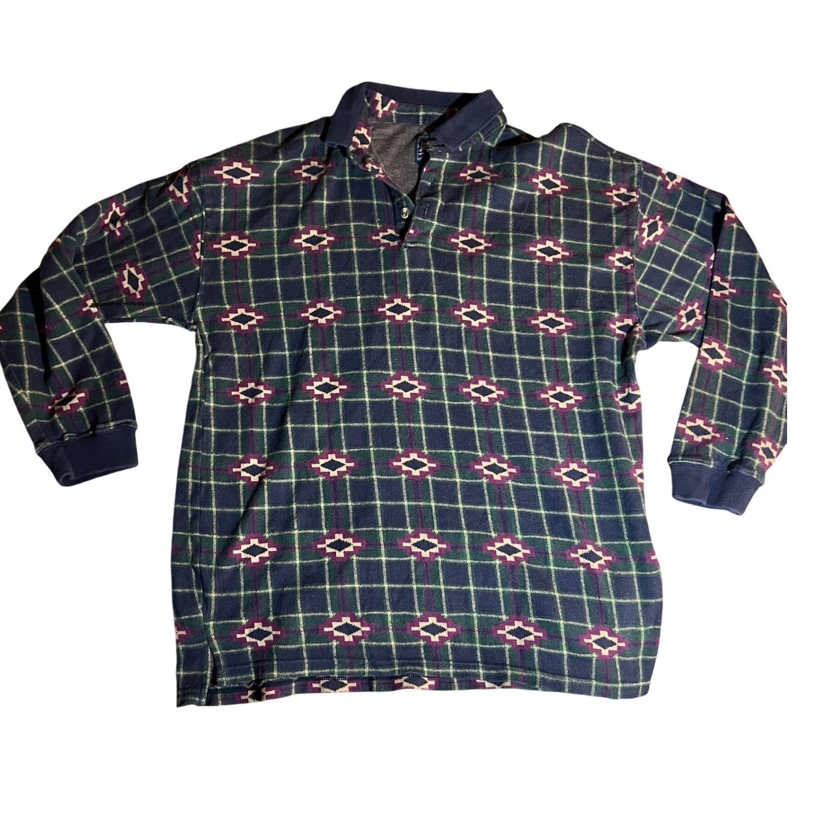 JOS. J. OLIVER Vintage Mens Long Sleeve Plaid Geometric Polo Shirt Size L