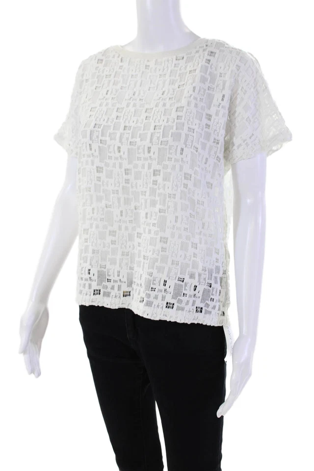 Camiseta básica de encaje de manga corta con cuello redondo blanca talla XS Vince para mujer Foto 2 de 4