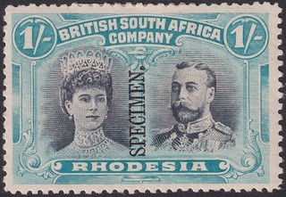 Rhodesia 1910 KGV SPECIMEN Double Head 1sh Black Blue Green p14 Mint SG151s