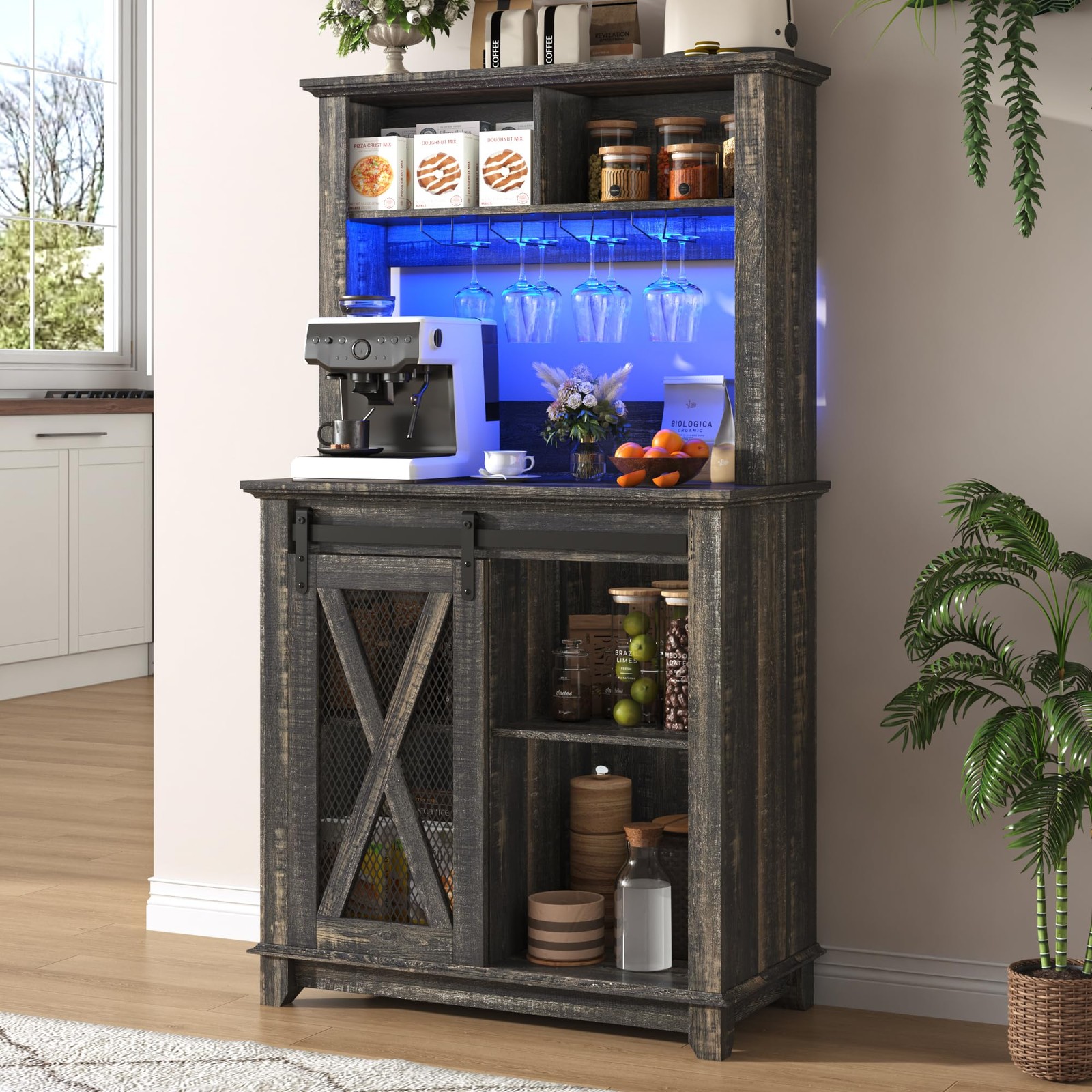 31.5" Wide Farmhouse Coffee Bar Cabinet with LED Light,Wine Bar Cabinet 