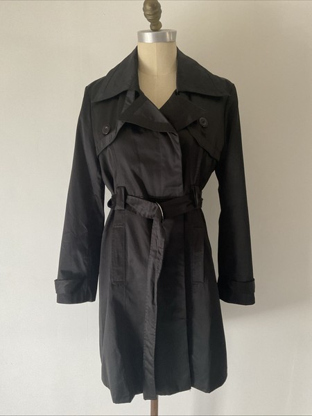 Vintage SAN JOY USA Size M Black Satin Trench Coat Belted Lined Pockets