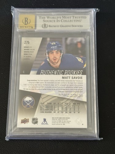 Matt Savoie 2023-24 Upper Deck SP Game Used Rookie Patch Auto /49 Sabres BGS 8.5 - Picture 2 of 2