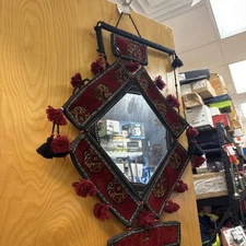 Vintage Tribal Afghan Mirror Wall Hanging – Handcrafted