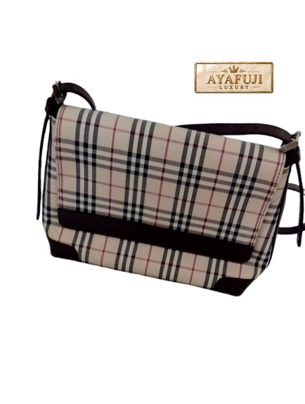 BURBERRY Nova Check Canvas Leather Flap Shoulder Crossbody Bag Beige Brown