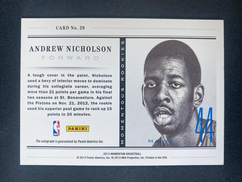 ANDREW NICHOLSON 2012-13 Panini Momentum Momentous Rookie Auto #28 - Image 2 of 2