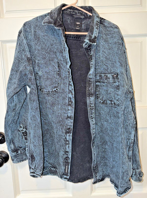 Vans Mens OFF THE WALL Loose Fit Acid Wash Denim Shirt Jacket Black Gray LARGE