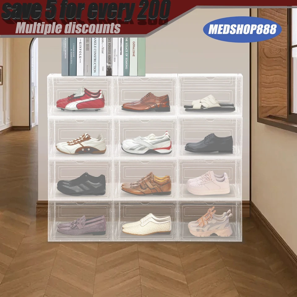 12PCS Shoe Storage Boxes Clear Stackable Shoe Organizer Container Clear Shoe Box - Image 2 of 4