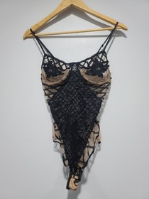 For Love & Lemons Delilah Skivvies Black Nude Floral Lace Underwire Bodysuit M