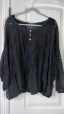 Quite Luxury Italian Silk Tunic Blouse Embroidered Navy Blue/Black OS Lagenlook