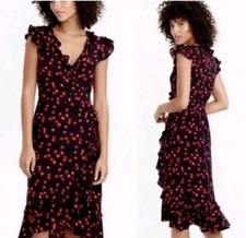 Womens J.Crew Cherry Print Wrap Dress Navy Blue Size 6 Feminine Preppy Ruffles