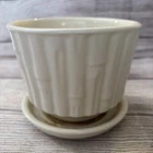Vtg McCoy Pottery Cream Ivory White Bamboo FLOWER POT Attached Saucer 5.5”