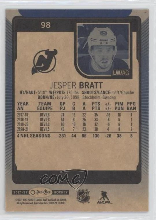 2021-22 O-Pee-Chee Blue Border Jesper Bratt #98 - Image 2 of 2