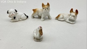 Vintage Miniature Figurine Lot Japan Ceramic French Bulldog Dogs Bird 4 Pieces