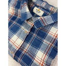 Marine Layer Mens Plaid Flannel Button Up Shirt Blue Orange Cream Large