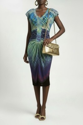 ROBERTO CAVALLI Dress Blue Ocean Print Slinky Jersey Gathered Sz I 42 AU 10