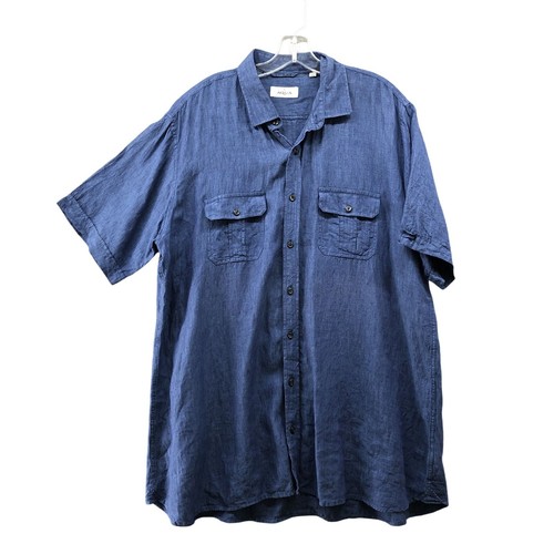 Toscano Aqua 100% Linen Shirt Mens XLT Blue Short Sleeve Button Up Chest Pocket