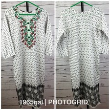 Beautiful Indian Long Tunic Shirt Side Slits Red Green Neckline Embroidery