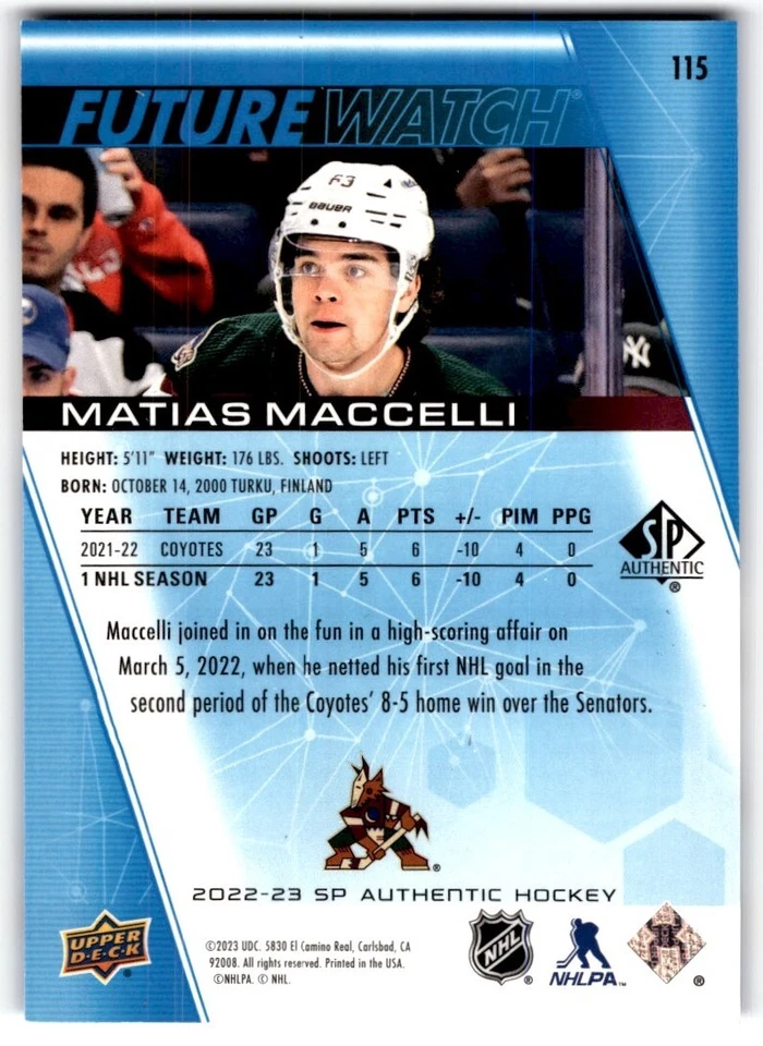 2022-23 SP Authentic Limited Blue Future Watch Matias Maccelli Rookie /399 #115 - Image 2 of 2