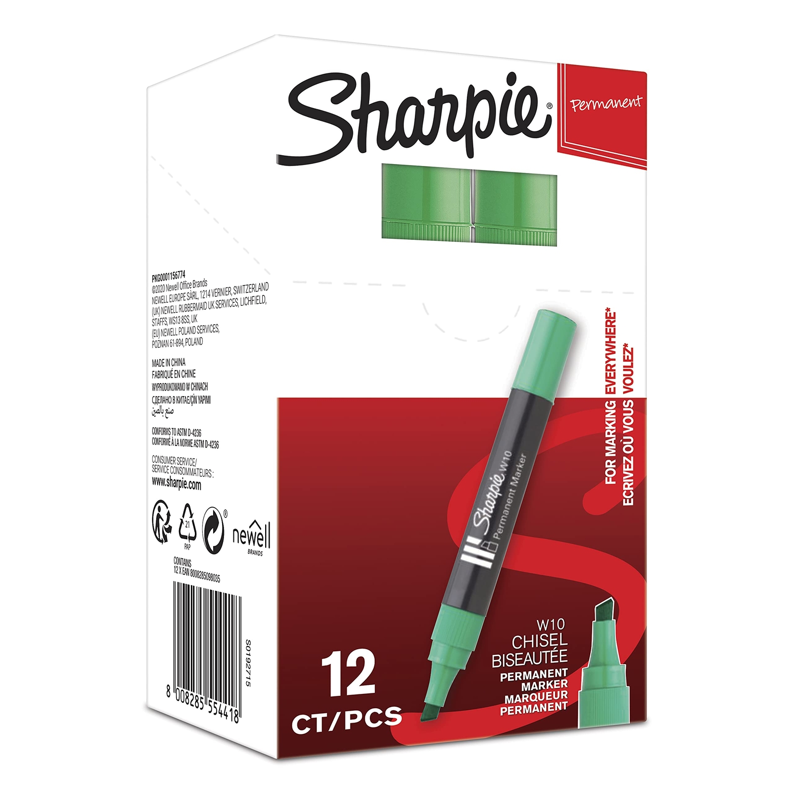 Sharpie W10 Permanent Marker Chisel Tip - Green (Box of 12) Green Chisel Tip