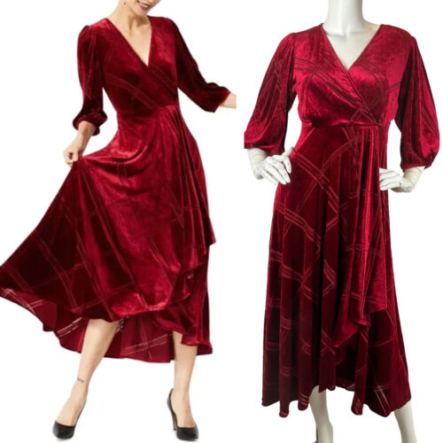 Calvin Klein Red Burnout Velvet Faux Wrap Midi Dress Puff Sleeve Lined Sz 4 - 第 1/11 張圖片