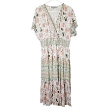 J. Gee Floral Boho Maxi Dress Smocked Waist Ruffle Sleeves S Cottagecore Peasant