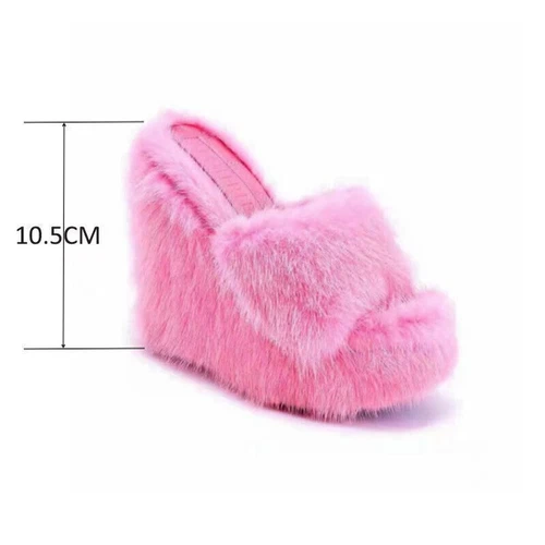 Womens Summer Fluffy Slide Slippers Faux Fur Wedge Platform Beach Shoes Sandals - Picture 4 of 28