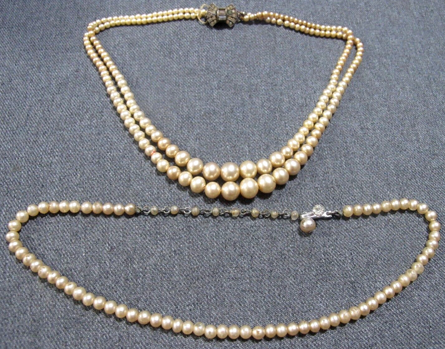 Vintage marked sterling jeweled + Japan clasps faux pearls necklace for repair