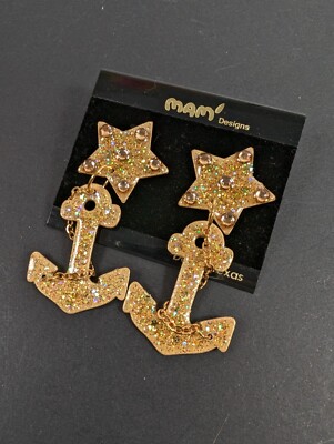 Vintage 80's Earrings Mam Designs Artisan Jewelry Card Gold Tone Glitter Anchor
