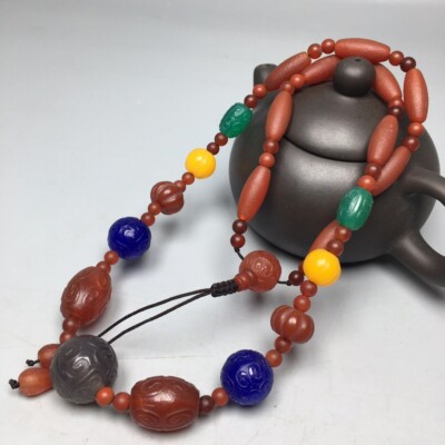Delicate Tibetan Natural Old Agate Dzi Carved Fret Bead Amulet Necklace S0626