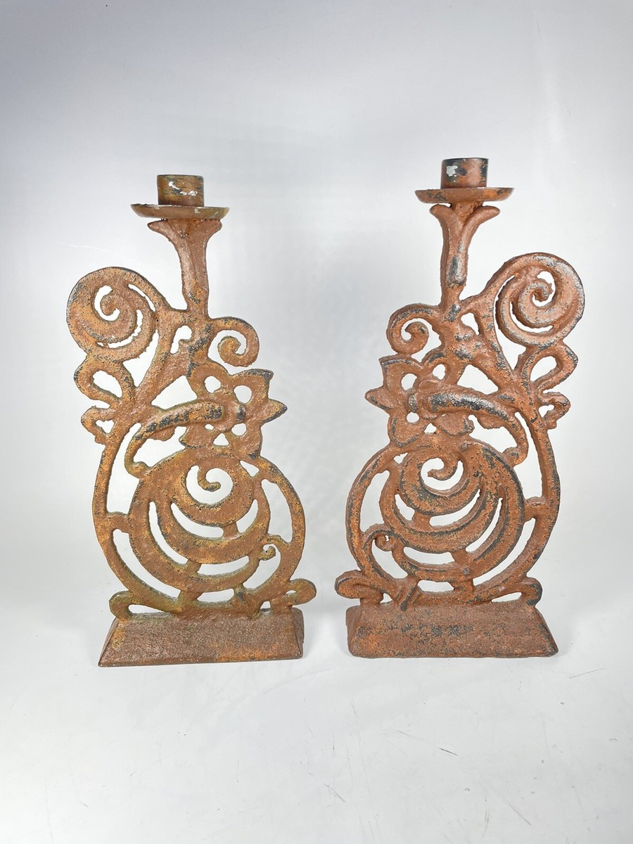 Vintage Antique Rustic Candle Holder Set of 2 Matching Cast Iron