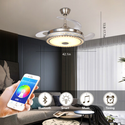 42'' Retractable Ceiling Fan with LED Light Bluetooth Speaker 3 Color W/ Remote