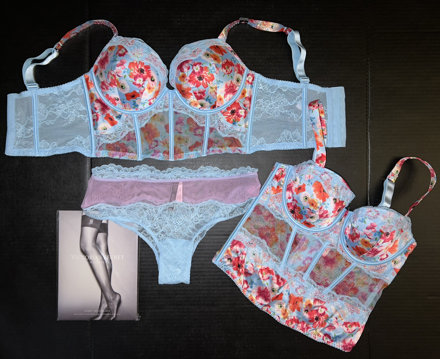 Victoria's Secret 32D CORSET TOP BRA SET+BUSTIER BLUE RED PINK POPPY SHINE STRAP