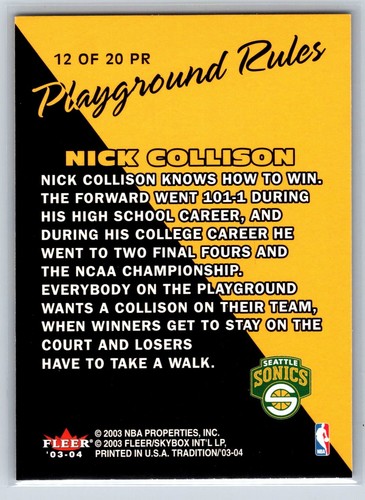 2003-04 Fleer Tradition #12PR Nick Collison Seattle SuperSonics - Picture 2 of 2