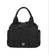 ANNA SUI Annie 2way Boston Bag Black Embroidery Quilted Purple Lining Unused