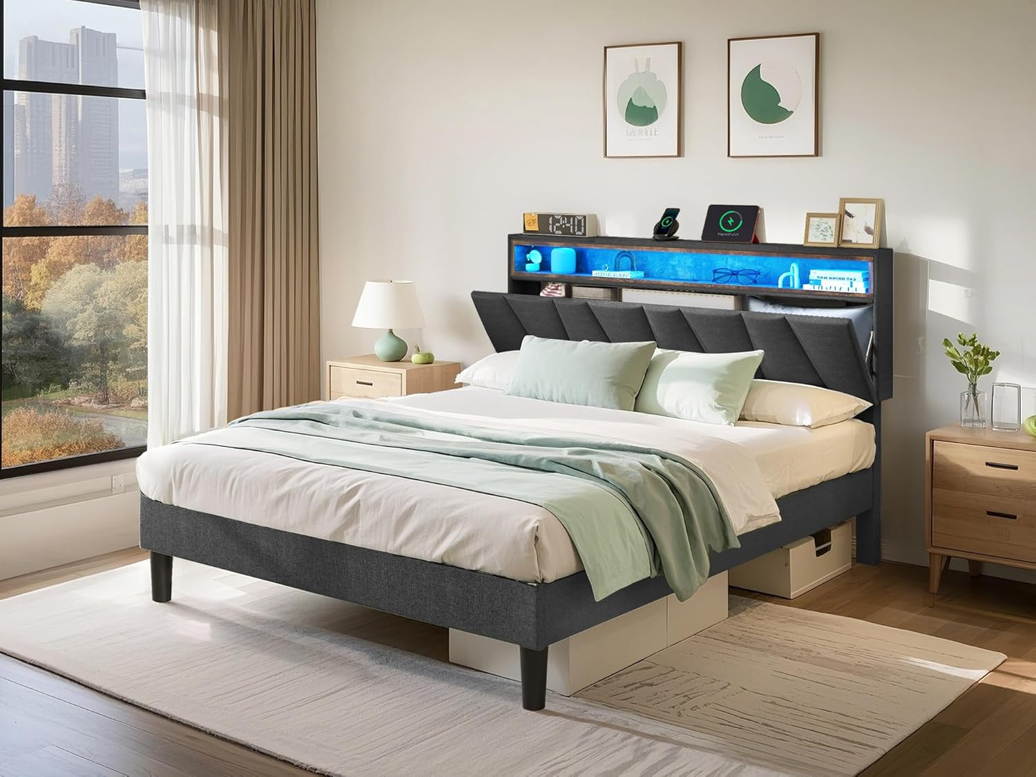 Queen Platform Bed Frame with LED Lights & Storage, Grey Upholstered Design