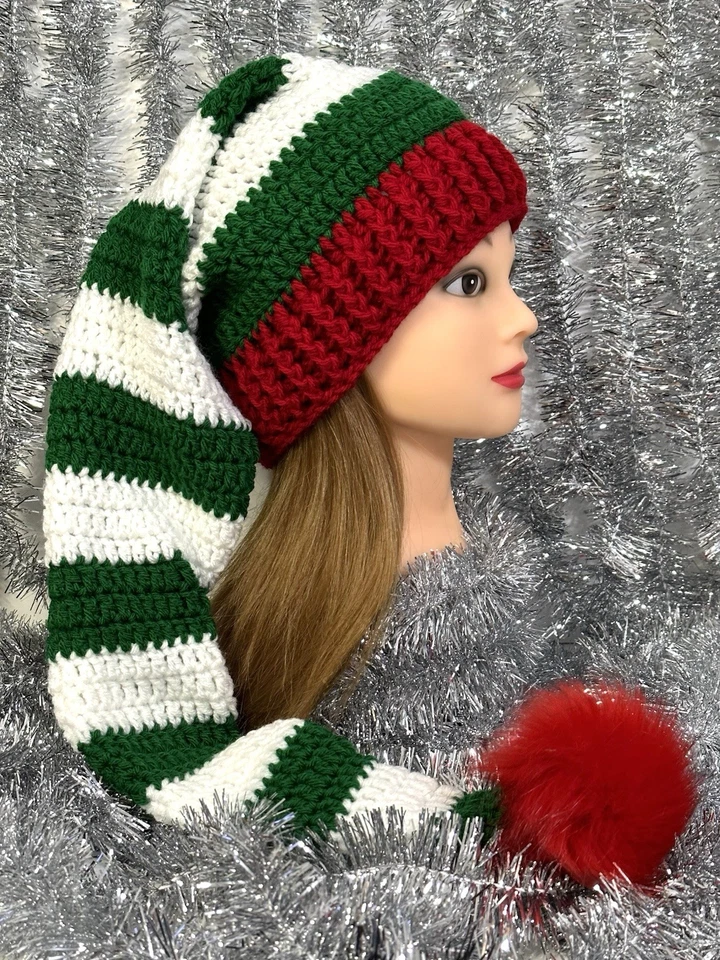 Sombrero de Elfo Crochet - (Preadolescente-Adulto Grande) - Sombrero de Elfo - Sombrero de Navidad - Sombrero de Santa Foto 2 de 3
