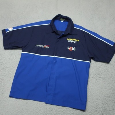 Goodyear Racing Sports Button Up Shirt Mens M Blue Formula Drift Short Sleeve