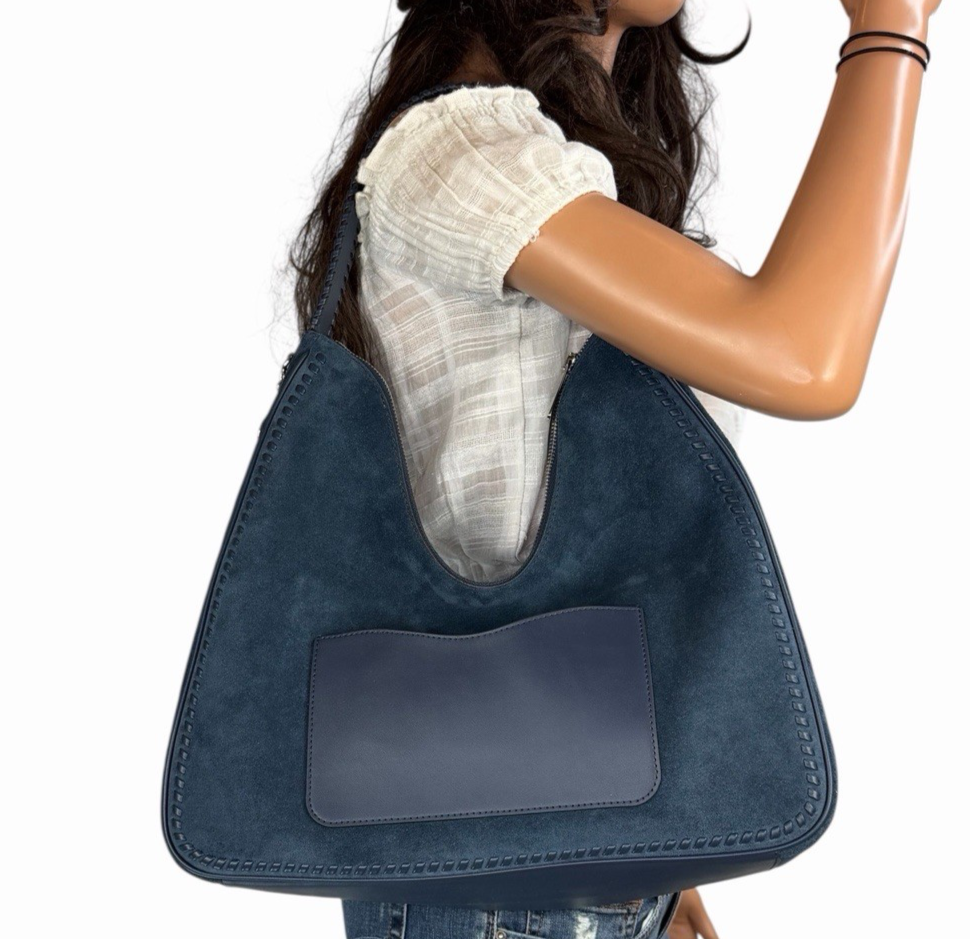 Michael Kors Nayla Medium Suede Leather Hobo Shoulder Bag Navy