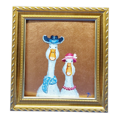 Funny Geese Original Oil Painting, Gold Framed Naive Art, Small Nursery Wall Art