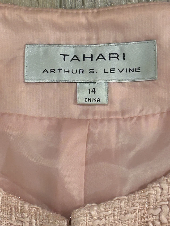 Traje Falda Tahari Arthur S Levine Tweed Rosa Talla 14 Perla Flecos Borde Brillante Foto 2 de 4