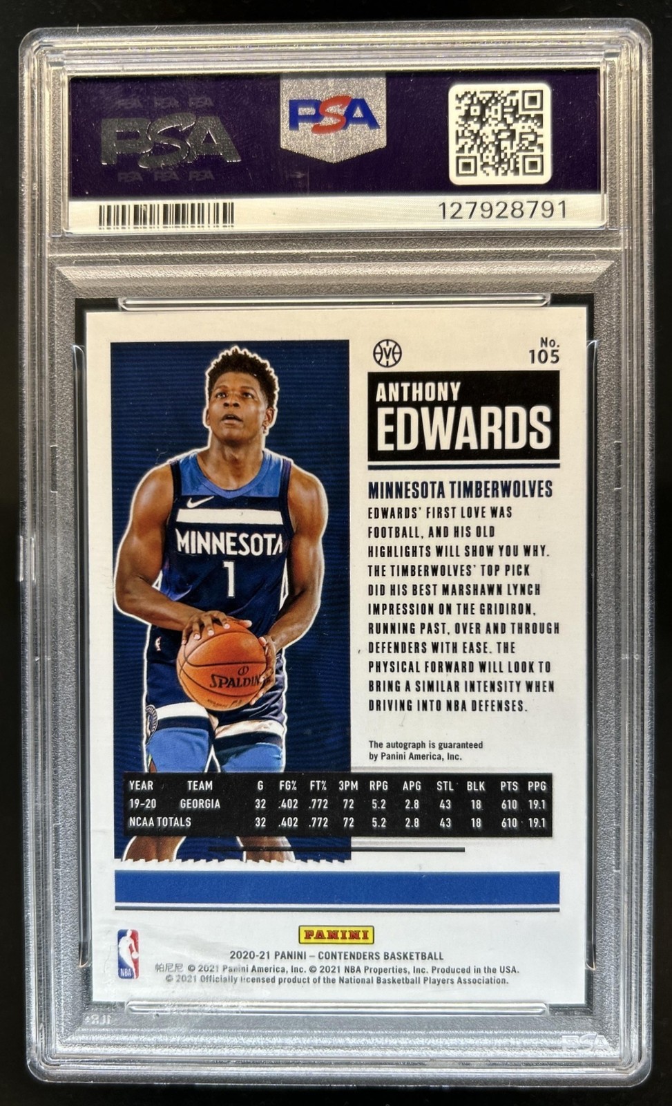 2020-21 Contenders Anthony Edwards Variation RC Rookie Ticket Auto #105b PSA 10 view 2