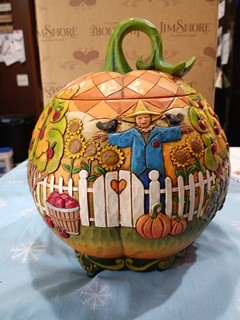 Jim Shore Pumpkin Cookie Jar Ceramic/Porcelain Lift Off Lid 9.5in Multicolor