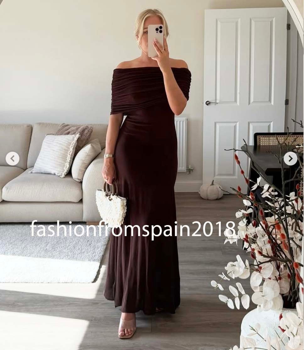 ZARA NEW WOMAN LONG OFF-THE-SHOULDER KNIT DRESS DARK BROWN S,M,L  2893/103/716