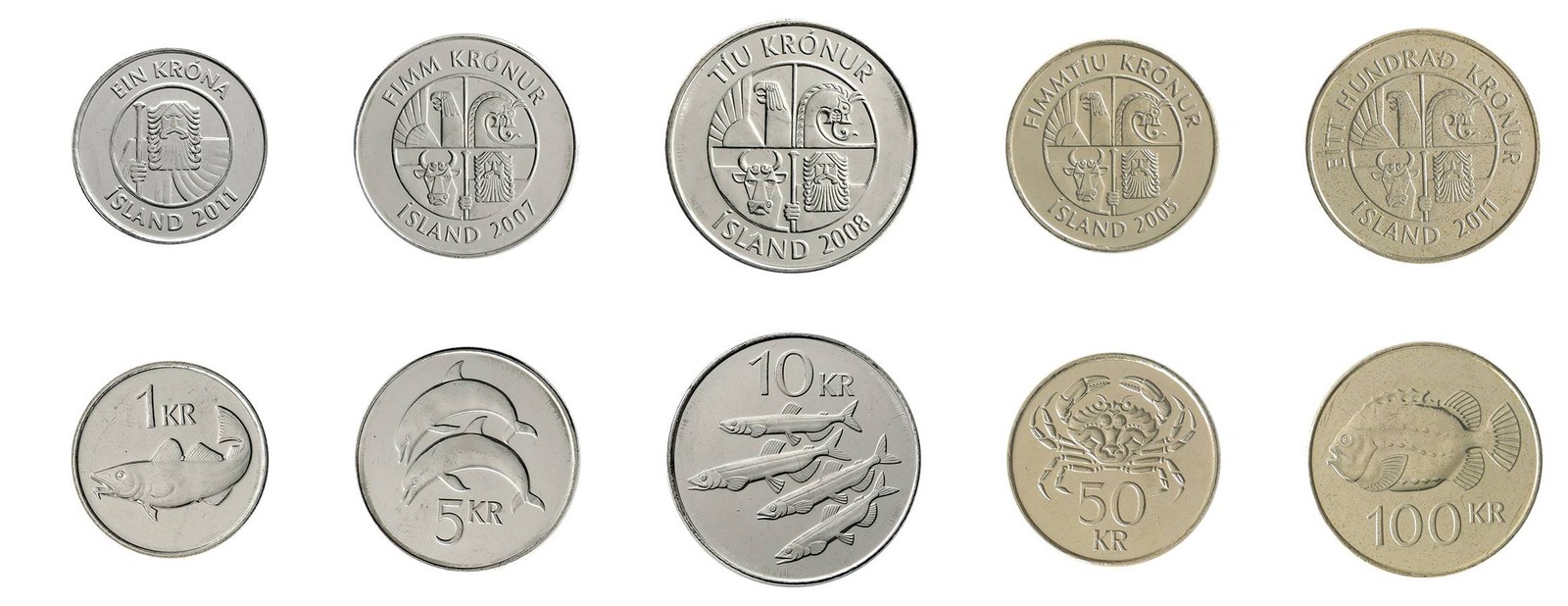 Iceland 1-100 Kronur 5 Pieces Set, 1987-2011, KM #27a-35, Mint