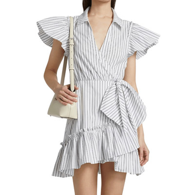 NWT Cinq a Sept Lila Dress 10 Blue Striped Ruffle Wrap Mini Seersucker Resort